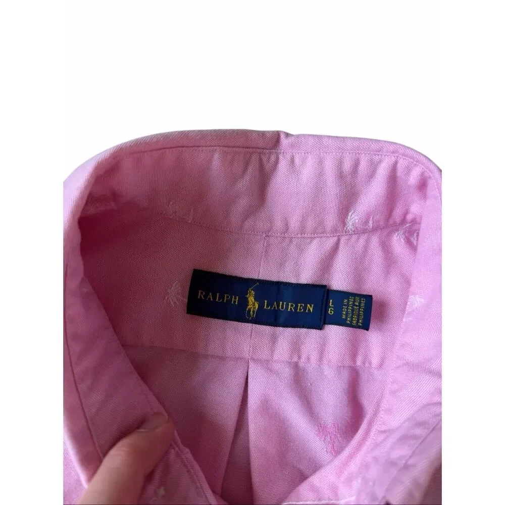Ralph Lauren Polo Shirt Oxford Embroidered Palms‎ Button-Front Pink Large